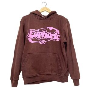 Euphoric 777 Brown Hoodie Are You Really Happy Graphic Sweatshirt Mens Medium